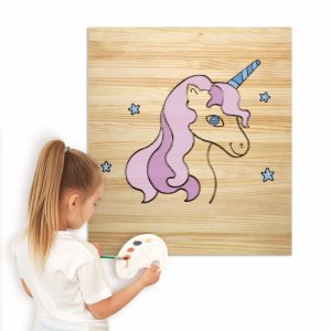Tableau à peindre par enfants, en bois massif de pin. Licorne. 60X70cm
