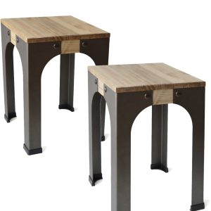 Lot de 2 Tabourets bas - Industriel vintage bois et métal 32x32x46 cm